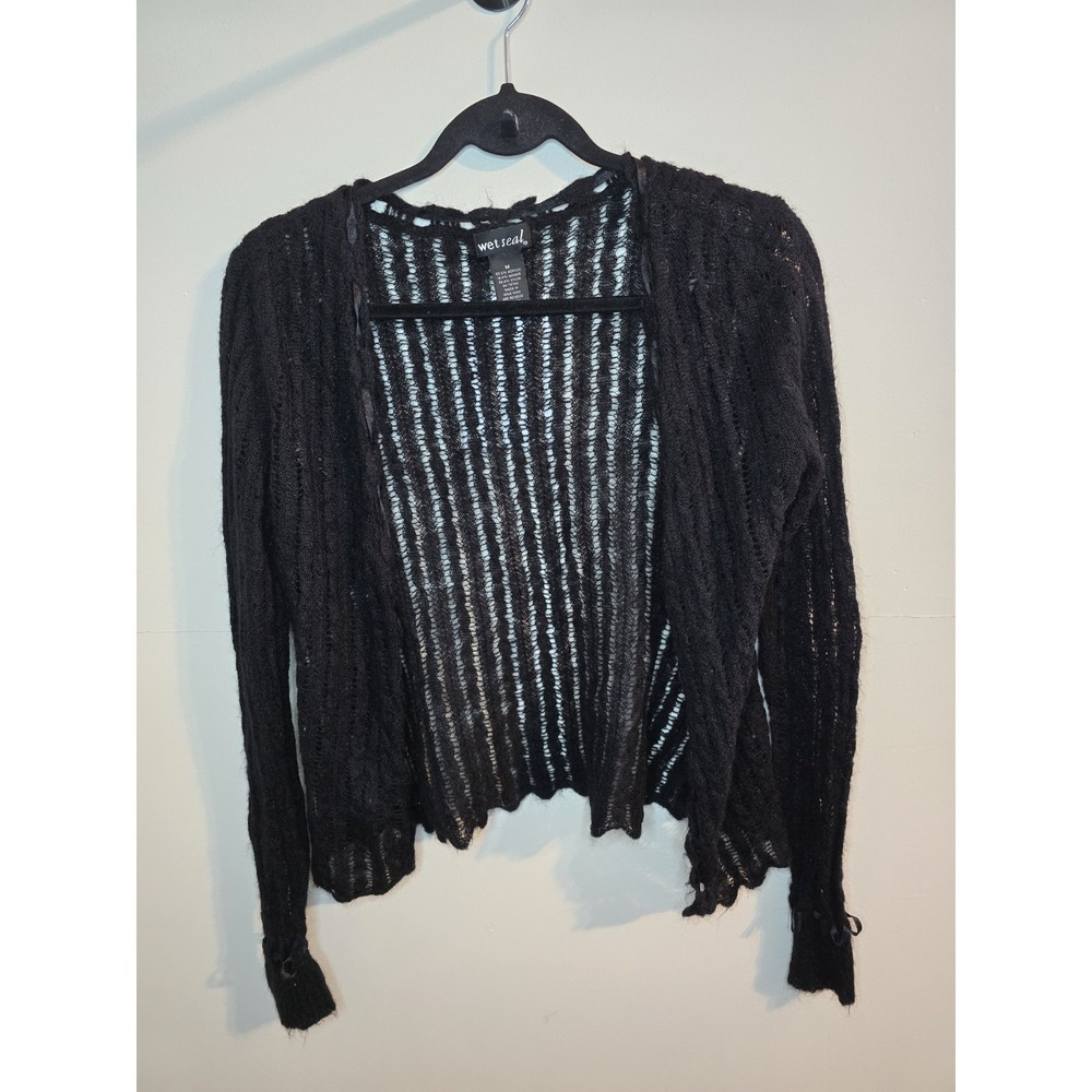 Vintage Y2K Wet Seal Black Crochet Knit Cardigan Lace Fairy‎ Whimsigoth Whimsy